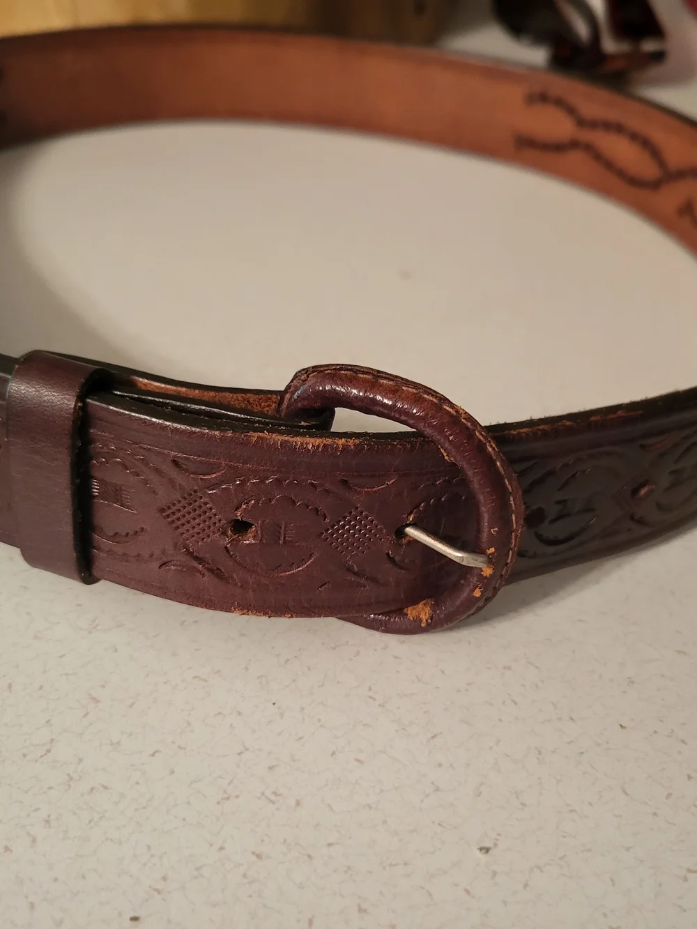 Vintage Hand Tooled Leather Western Belt Brown Size 34 Made In Mexico
